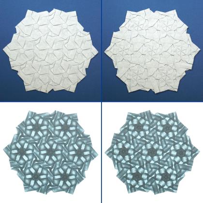 4 pictures of the tessellation piece Clematis including backlighting folded by Madonna Yoder