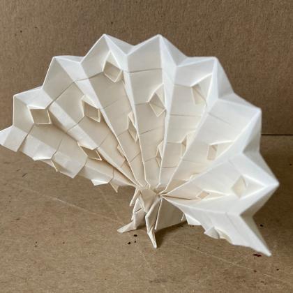 A box-pleat peacock with its tail spread